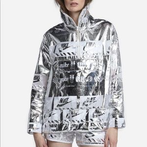 Nike Sportswear Metallic All Over Logo Print Windbreaker Jacket: Silver/White